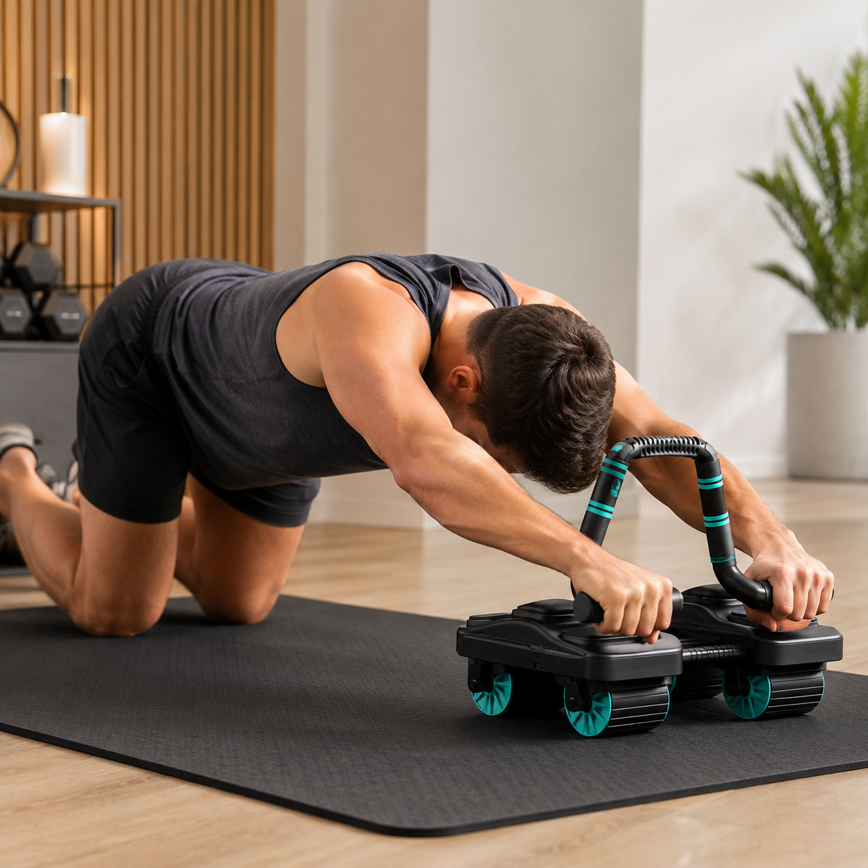 Man using the COREHERO six-wheel automatic rebound AB roller at home
