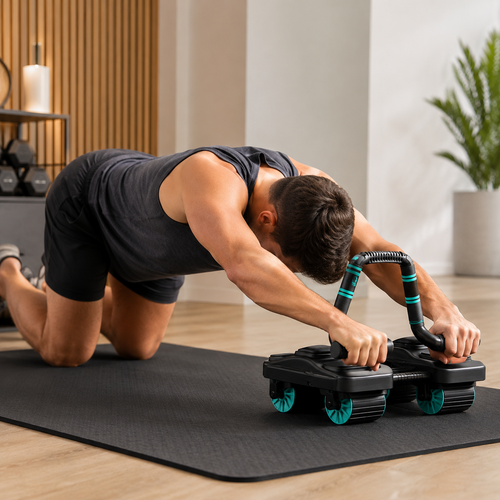 Man using the COREHERO six-wheel automatic rebound AB roller at home